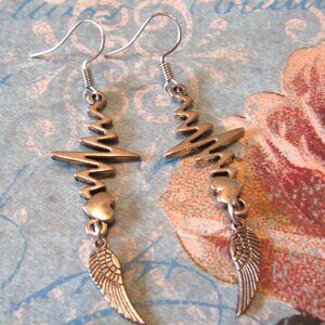 Angel Wing Heart Beat Charm Long Dangle Silvertone Fish Hook Earrings